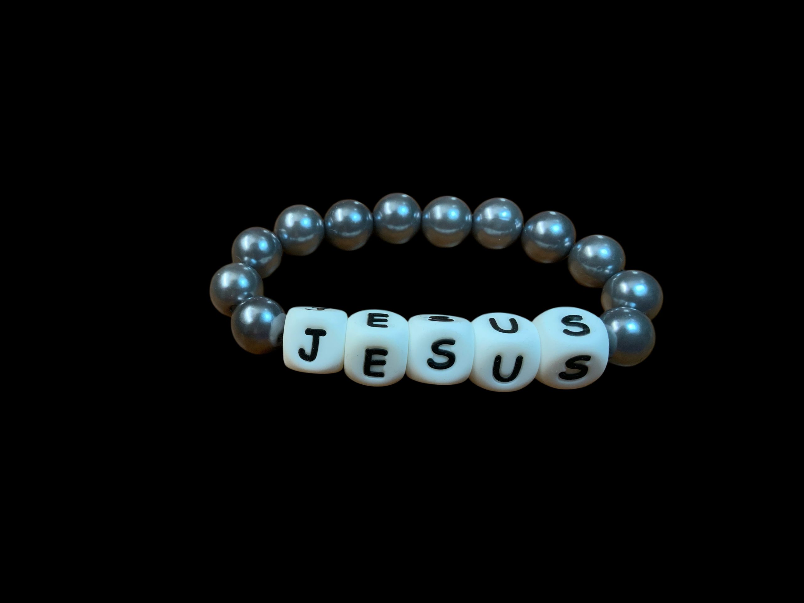 Handcrafted Bracelet ("Jesus" with gray pearls)