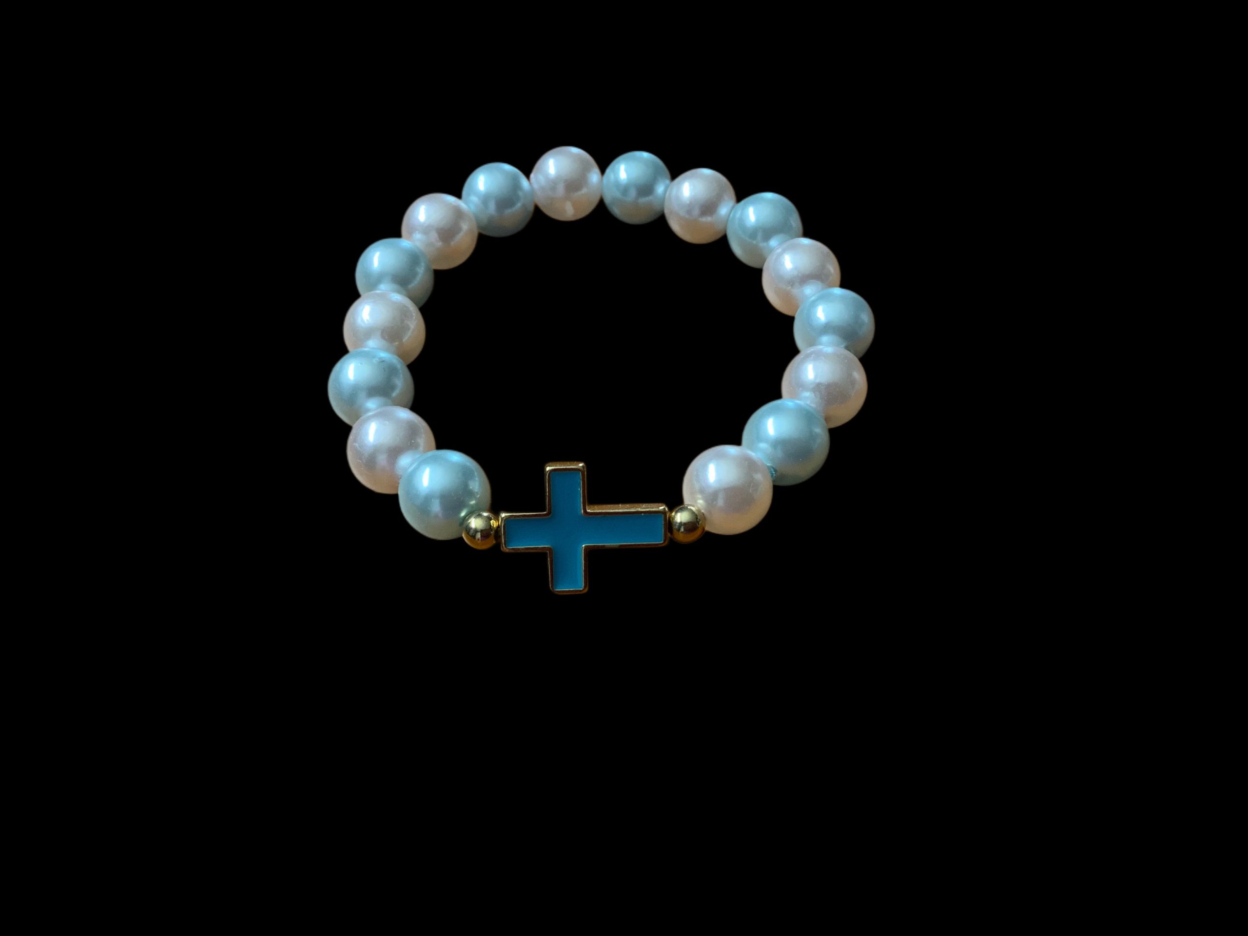 Handcrafted Bracelet (Cross w/ pink and blue pearls)