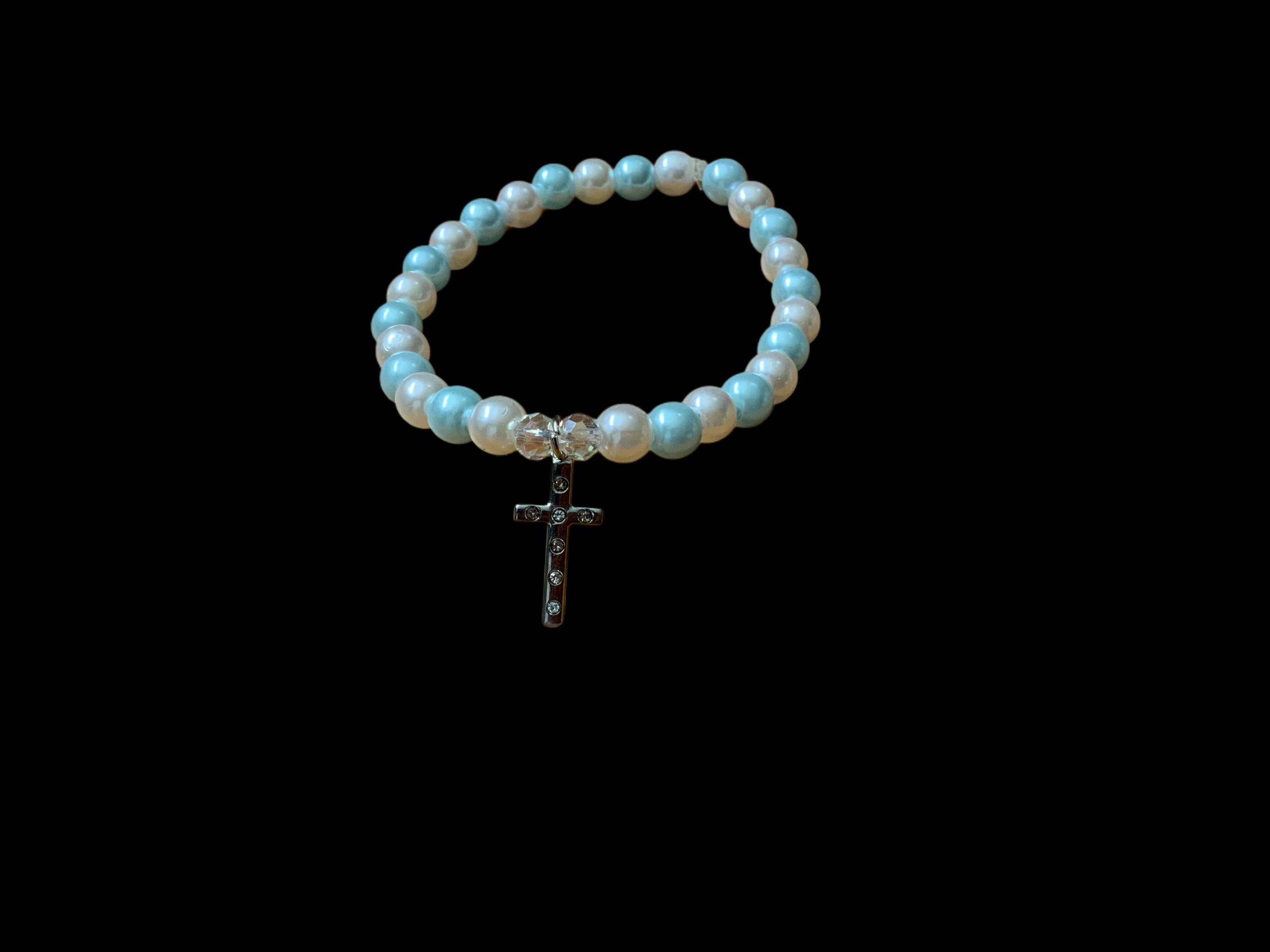 Handcrafted Bracelet (white and blue pearls w/ silver cross)