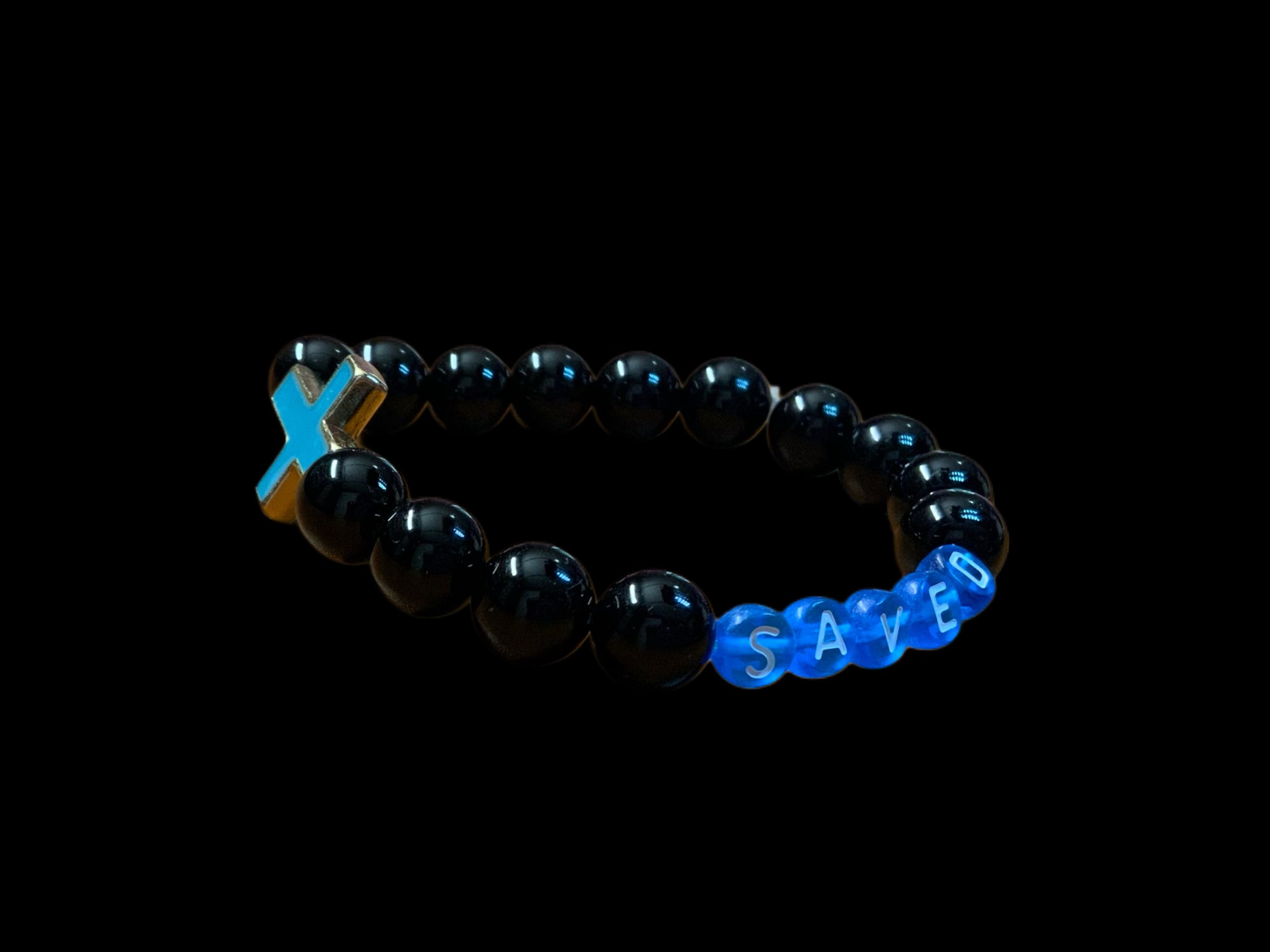 Handcrafted Bracelet " saved" w/ cross and black pearls