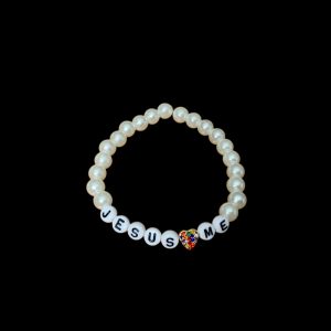 Handcrafted Bracelet “Jesus Loves Me” w/ multi color Gold Heart, pearl beads