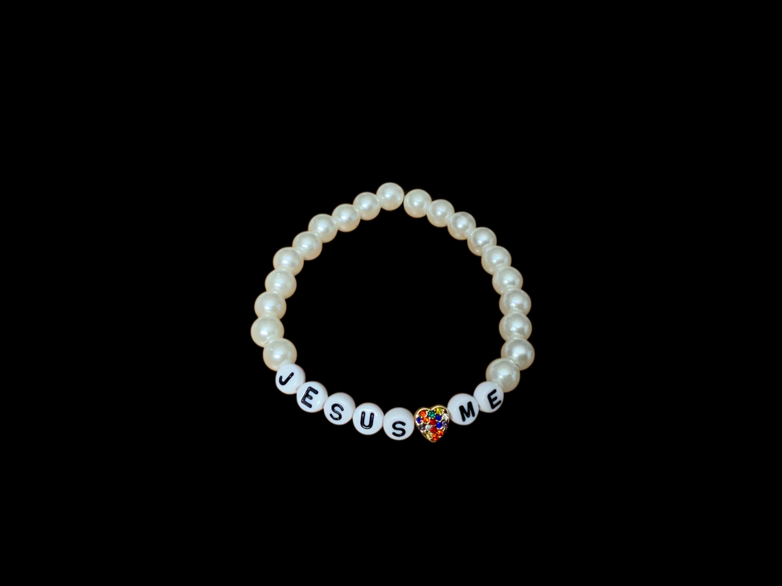 Handcrafted Bracelet “Jesus Loves Me” w/ multi color Gold Heart, pearl beads