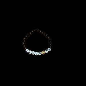 Handcrafted Bracelet "Jesus Loves Me" w/ multi color Gold Heart, Black beads