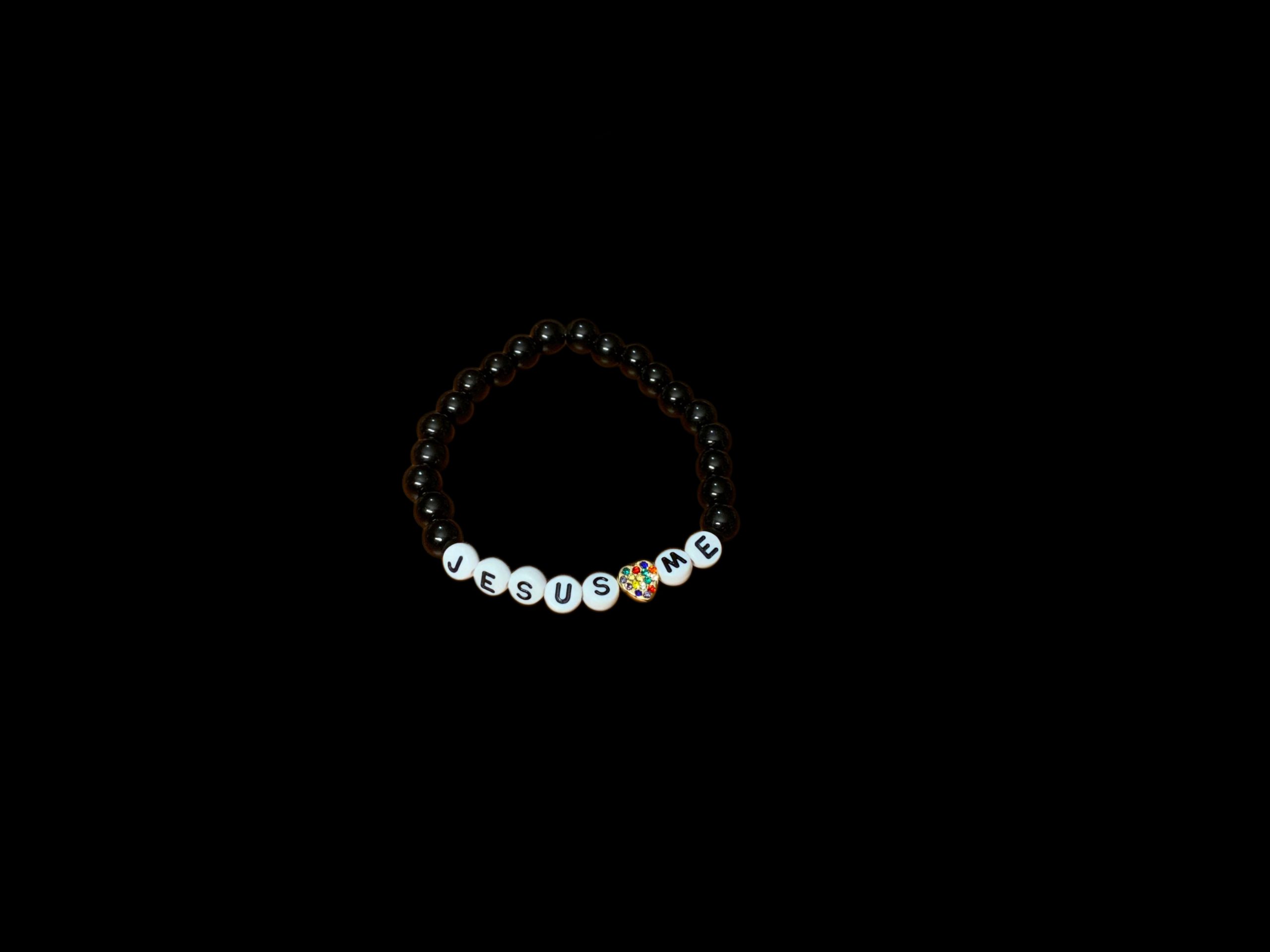 Handcrafted Bracelet "Jesus Loves Me" w/ multi color Gold Heart, Black beads