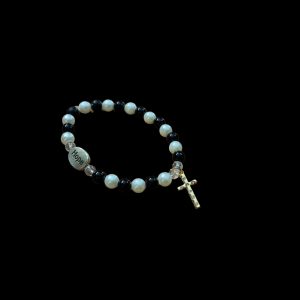 Handcrafted Bracelet"Black and white pearls , gold cross with "Hope"