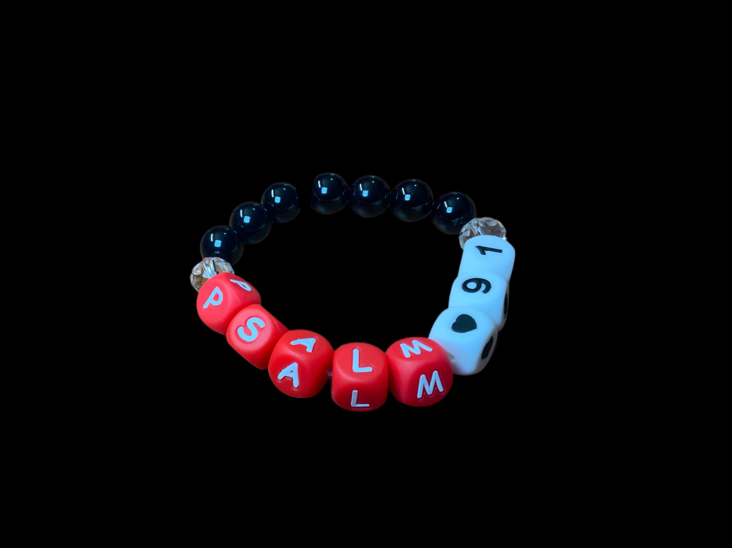 Handcrafted Bracelet "Psalm 91" w/ heart and black beads, red white and black