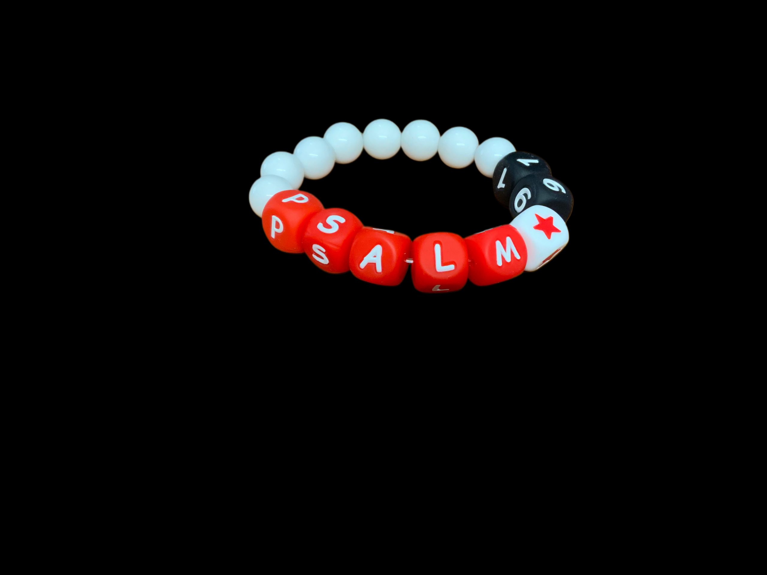 Handcrafted Bracelet "Psalms 91" w/ white beads and star , red white and black