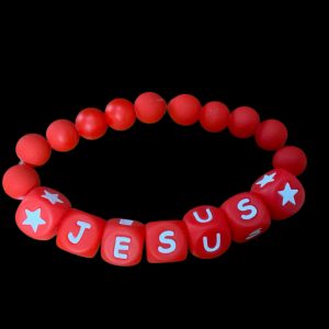 Handcrafted Bracelet  "Jesus" w/ red letters, stars, and red beads