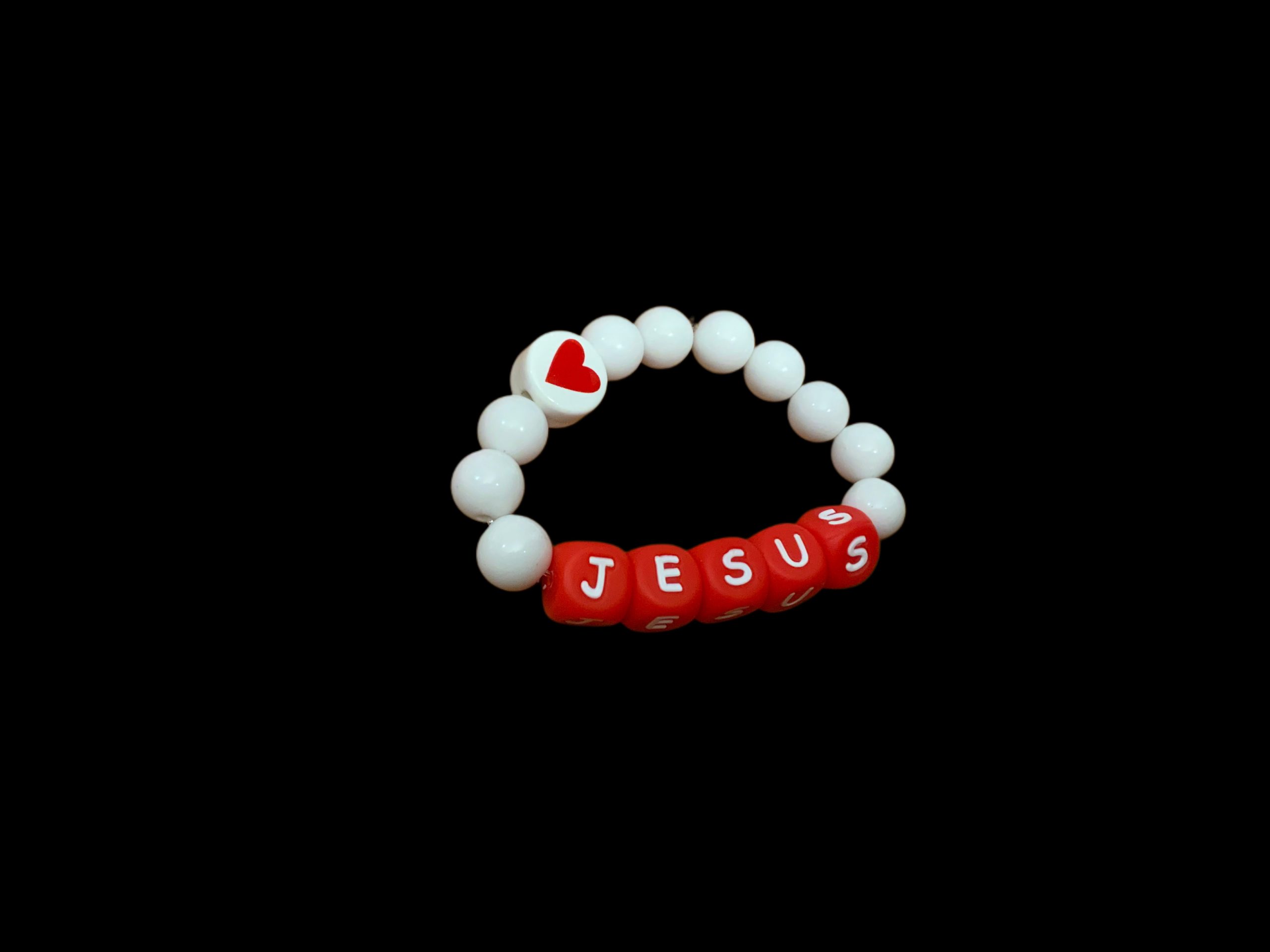 Handcrafted Bracelet "Jesus" white beads , red letters w/ heart