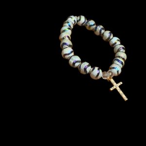 Handcrafted Bracelet " Gold Rainbow Stripe Beads w/ Gold Cross"