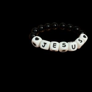 Handcrafted Bracelet "Jesus" w/ black beads and  hearts