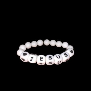 Handcrafted Bracelet "Jesus" w/ white beads, lettering and heart