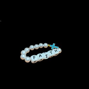 Handcrafted Bracelet "FAITH" w/ cross white pearls