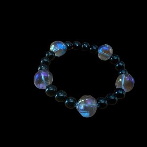 Handcrafted Bracelet Rainbow translucent glass stones w/black beads "Jesus the cornerstone"