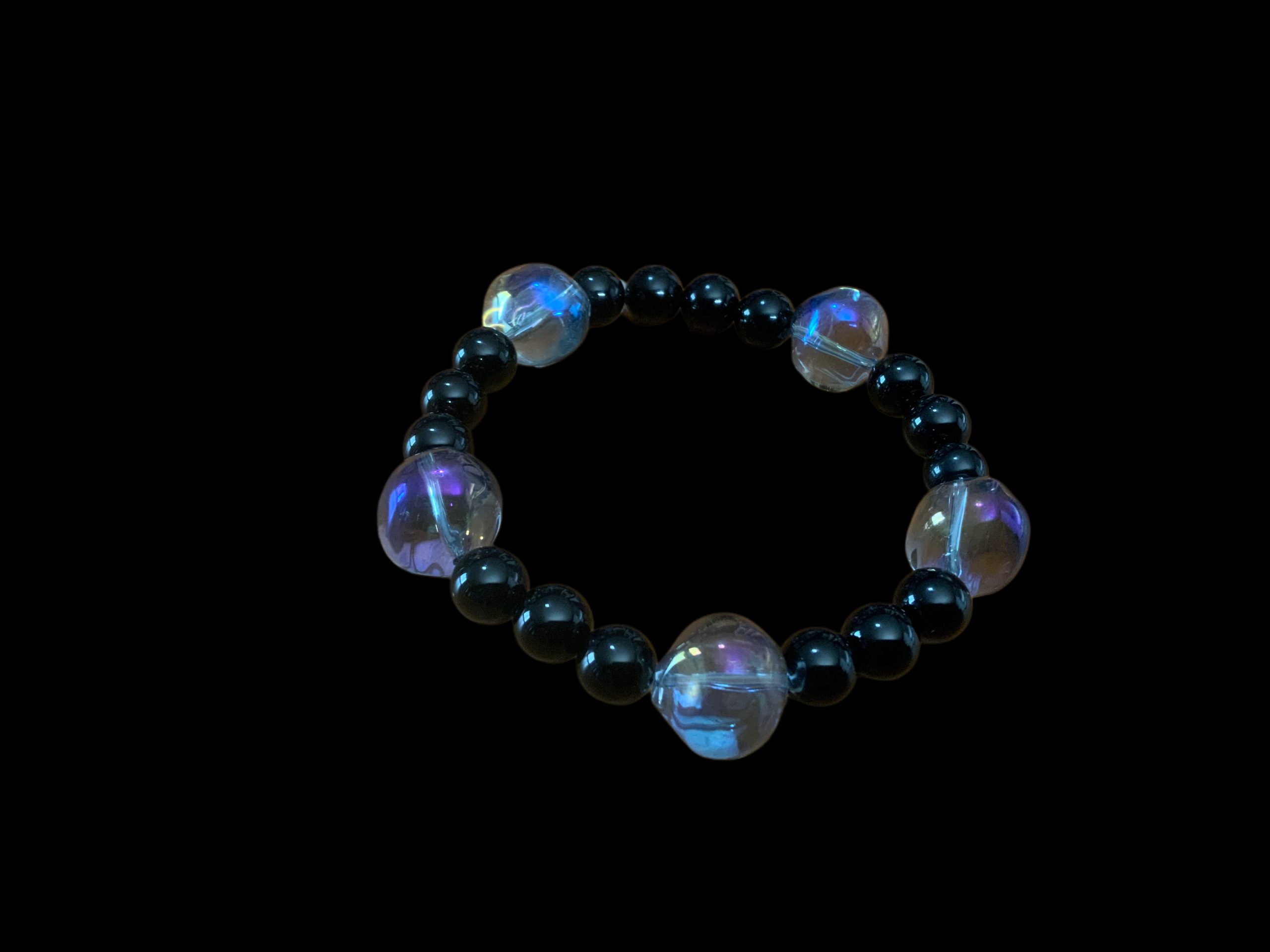 Handcrafted Bracelet Rainbow translucent glass stones w/black beads "Jesus the cornerstone"