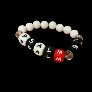Handcrafted Bracelet "Psalm 91" Red, White, and Black w / White beads