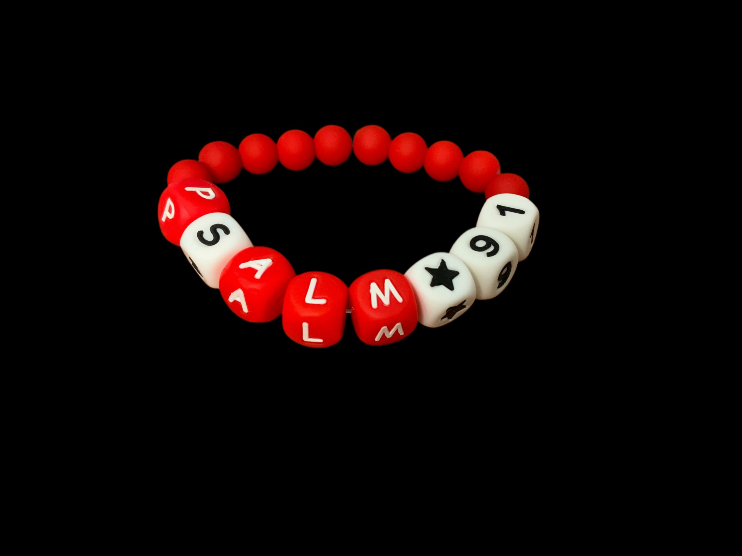 Handcrafted Bracelet "Psalm 91" w/ star red, white, black and Red Beads