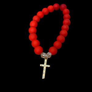 Handcrafted Bracelet w/ Gold Shimmering Cross and Red Beautiful Beads