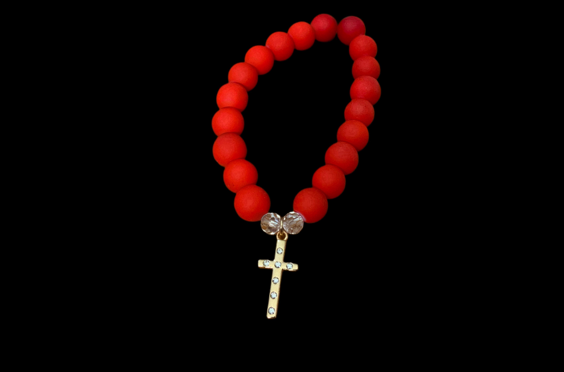 Handcrafted Bracelet w/ Gold Shimmering Cross and Red Beautiful Beads