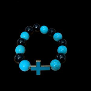 Handcrafted Bracelet Designer Blue and Black Beads w/cross