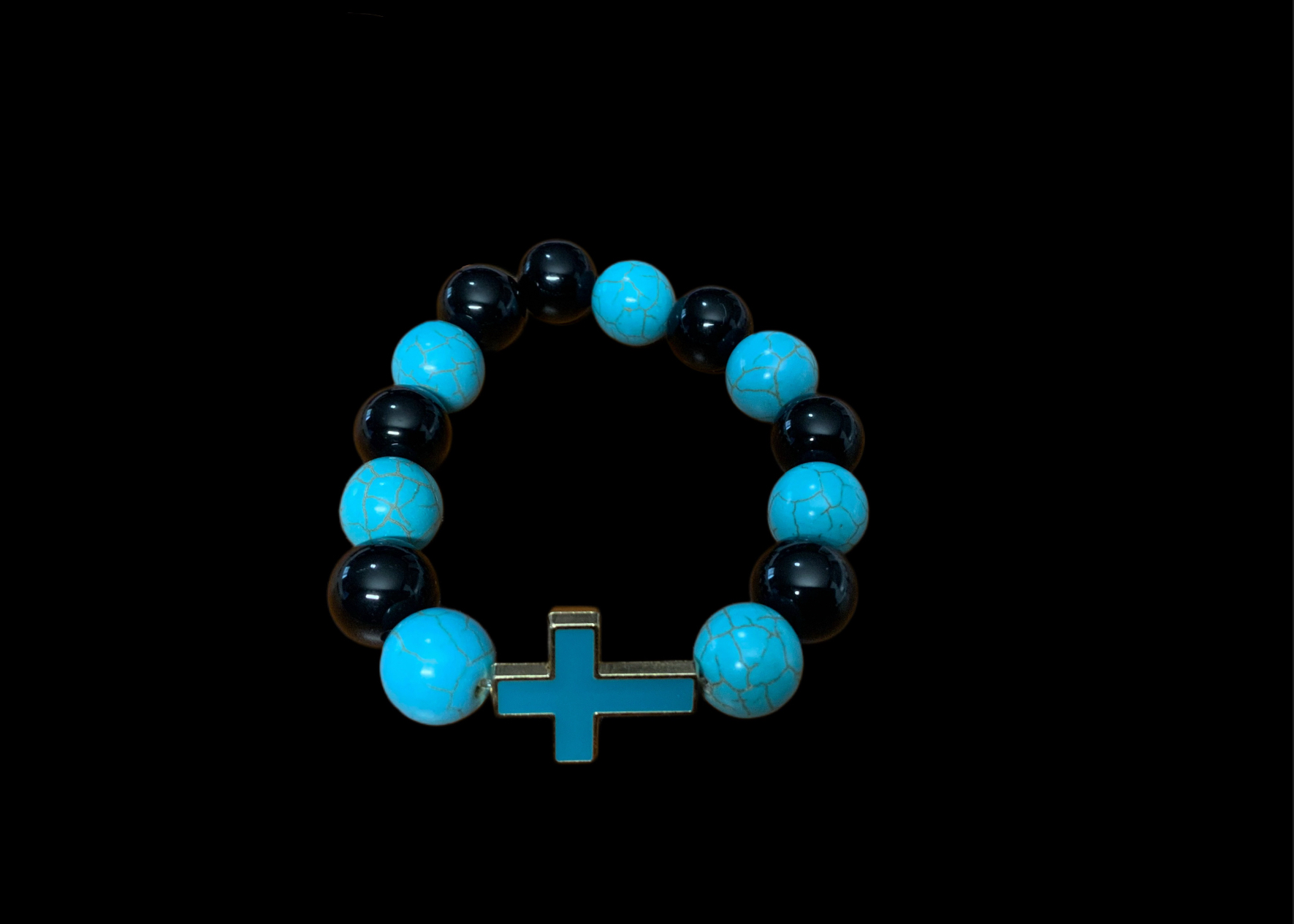 Handcrafted Bracelet Designer Blue and Black Beads w/cross